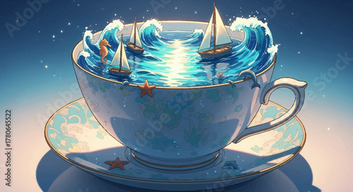Miniature Ocean Adventure in a Teacup with Sailboats and Waves.