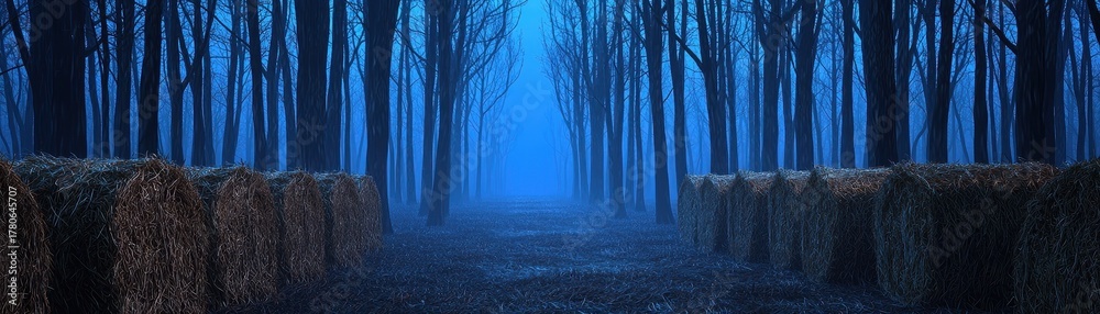 Fototapeta premium Dark misty forest path lined with hay bales under a deep blue sky trees