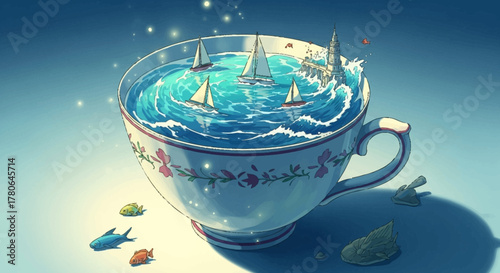 Miniature sailboats navigate a teacup ocean with whimsical charm.