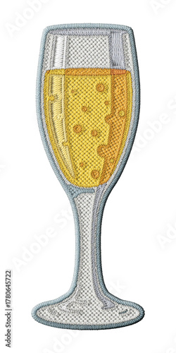 Quadro su tela Stylized glass of champagne embroidery patch illustration isolated on transparen