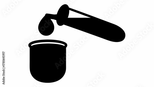 Illustration of a test tube pouring liquid into a beaker in black and white laboratory scene