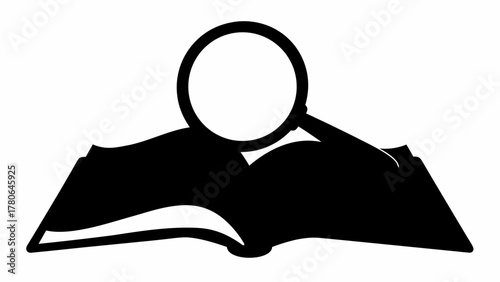 Illustration of an open book with a magnifying glass placed on top of it in black and white style
