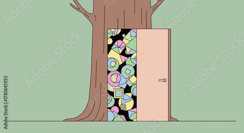 Mysterious Doorway in Tree Trunk Revealing Colorful Abstract Pattern.