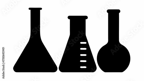Three black silhouette laboratory flasks of different shapes on a white background are displayed here