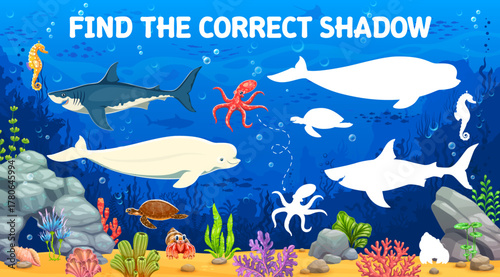 Find the correct shadow of ocean animals kids game worksheet. Educational underwater riddle with cartoon marine shark, octopus, beluga whale, sea turtle, seahorse and coral reef. Fun ocean puzzle quiz