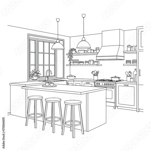 Modern kitchen interior with island and bar stools in outline style  