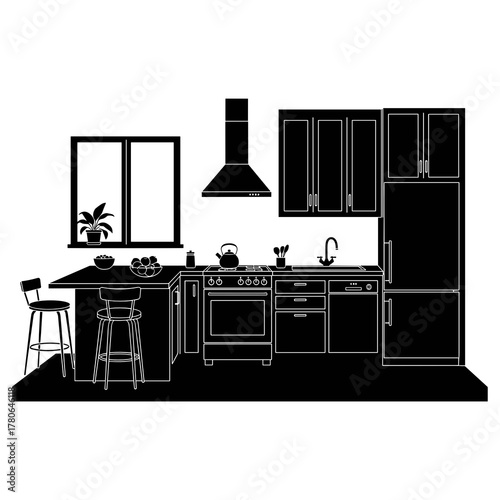 Modern black kitchen interior with appliances and natural light  