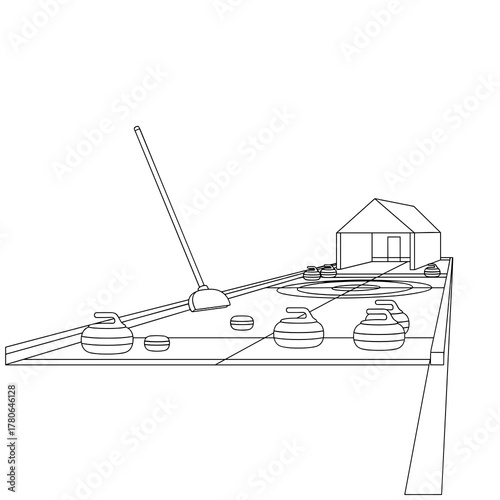 Curling rink with house and curling stones in simple outline design  