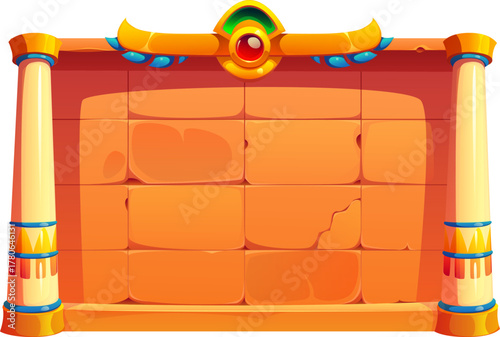 Ancient Egypt game frame, antique Egyptian stone board, treasure quiz asset. Cartoon vector puzzle altar, vintage wall, textured past civilization construction with pillars, deity or pharaoh monument