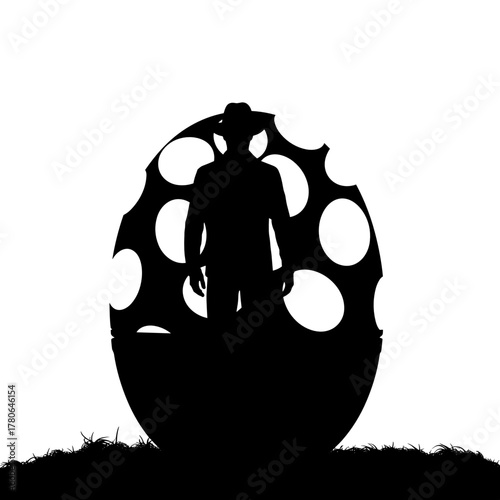 Silhouette of man standing inside large egg-shaped structure  