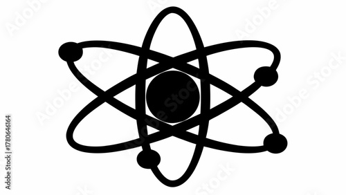 Black atom model with orbiting electrons and a central nucleus on a white background design element