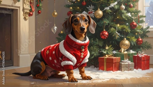 A cute dachshund wearing a festive red and white sweater sits near a decorated Christmas tree with gifts under it