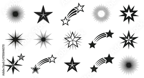 Diverse monochrome star shapes and celestial designs, featuring various astral motifs and decorative elements for graphic projects, offering a versatile concept set