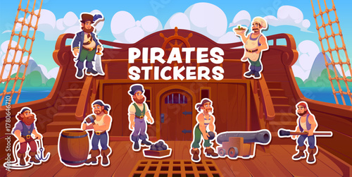 Pirate ship crew characters on deck of corsair sail boat. Vector stickers pack of cartoon captain, gunner and cook, first mate and carpenter pirate corsair characters with sword, anchor and cannon