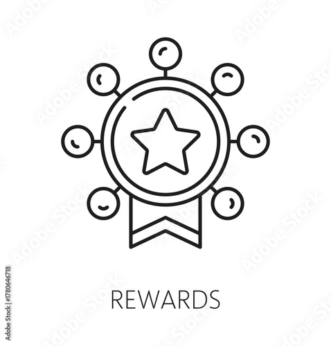 Customer rewards exclusive benefit thin line icon or symbol. Customer exclusive benefit reward thin line vector pictogram, special offer gift lineart symbol. Loyalty program icon with bonus star tag
