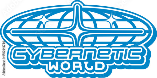 Cybernetic world blue globe retro Y2K icon or symbol. Geography planet Earth vector emblem, Earth sphere mesh symbol. Internet and web network globe wireframe Y2K icon with stars and futuristic text
