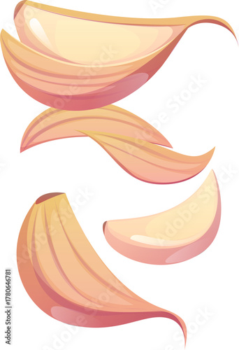 Falling garlic seasoning, ripe raw vegetable cloves representing cooking food process. Isolated vector whole and half peeled segments, plump bulbs floating mid air, ready for culinary preparation