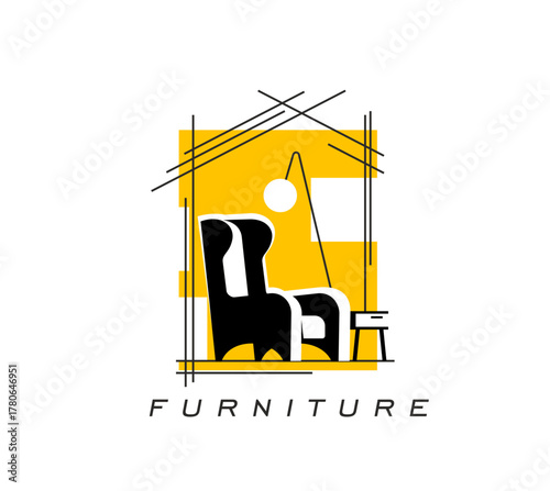 Home interior furniture store icon or sign. Home furniture shop vector emblem, office or hotel interior design company sign. House room design icon with armchair silhouette, lamp and yellow background