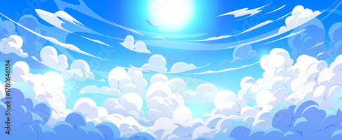 Cartoon anime manga sky clouds background with layered cumulus clouds and glowing sunlight, sweeping curved streaks, shining sun, wide screen composition. Vector bright heaven, dreamy cloudscape view
