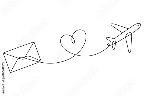 Continuous one line drawing of love letter and airplane illustration
