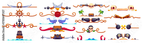 Marine and nautical dividers, pirate and corsair border frame, piracy decorations set for games featuring swords, skulls, cannons, anchors, ships, treasure, bombs, maps, tentacles and tropical islands