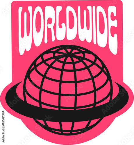 Worldwide business globe Y2K groovy sticker or tag. Y2K vector globus tag, world funky mesh sphere label. Earth terrestrial sphere sticker with white typography and black globe on pink background