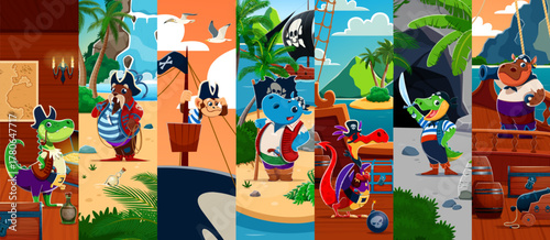 Caribbean animal pirate cartoon characters. Vector collage with crocodile, walrus, monkey, hippo, rhino and dragon buccaneers on ship, beach and island holding swords, treasure, cannons, maps, flags