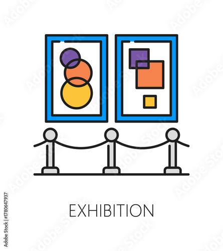 Museum and art gallery and paintings exhibition color line icon masterpieces, vector pictogram. Museum artist pictures and art gallery icon of ancient painting or antique artwork masterpieces