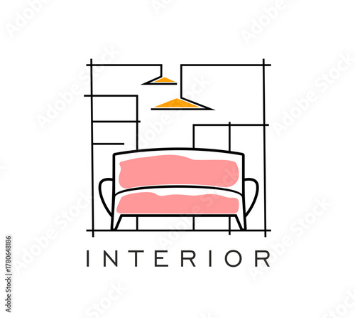 Interior and home decor design studio icon for furniture store showroom, vector emblem. Home interior staging and apartments or room design sign of sofa with lamps in thin line art room interior