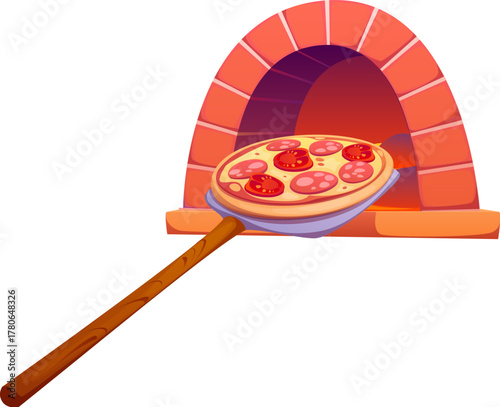 Pizza cooking icon of pizza on peel spatula and fire oven for pizzeria, vector symbol. Pizza cooking process icon of pizzaiolo utensil or pizza peel spatula for food cook and kitchenware equipment