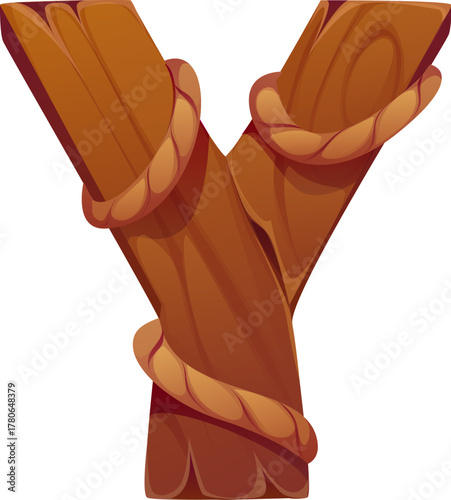 Pirates font letters or cartoon Caribbean corsairs typeface, vector English alphabet type. Wooden plank of ship or sailboat with sailing rope for pirate font and corsair sailing typeface letter Y