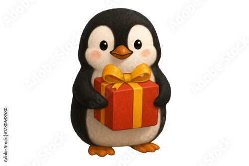 Cute penguin with a Christmas gift. Winter holidays. Christmas. New Year.