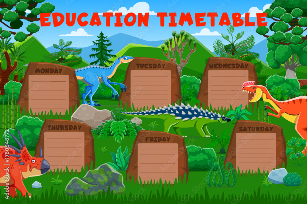 Naklejka premium Education timetable schedule with funny prehistoric dinosaurs. Weekly educational planner for kids featuring labeled stone tablets for each weekday surrounded by cartoon dino in lush jungle landscape