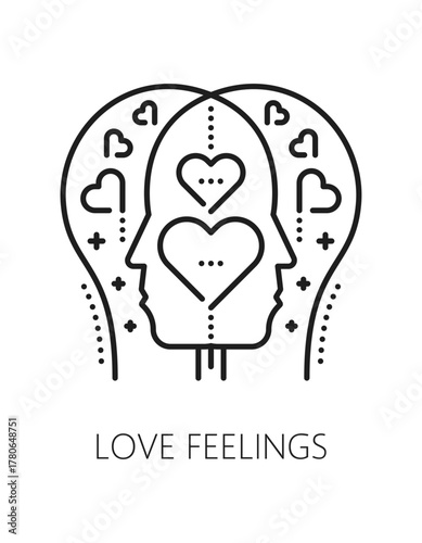 Love feelings mental health, psychology line icon or pictogram. Mental health outline vector sign, psychology problem thin line icon. Cognitive disorder symbol with head silhouette and love hearts