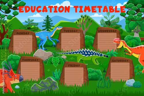 Education timetable schedule with funny prehistoric dinosaurs. Weekly educational planner for kids featuring labeled stone tablets for each weekday surrounded by cartoon dino in lush jungle landscape