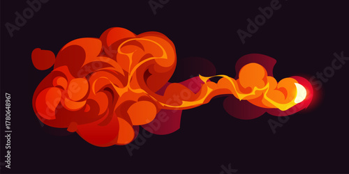 Cartoon magic red smoke effect. Cartoon vector explosion with fire cloud trail. Glowing flame trace with abstract rounded forms and hot light burst. VFX element for magical attack or energy impact