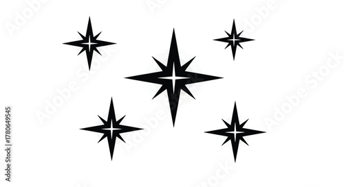 A collection of black four-pointed star icons with a sparkle effect, isolated vector design elements for a clean and modern aesthetic