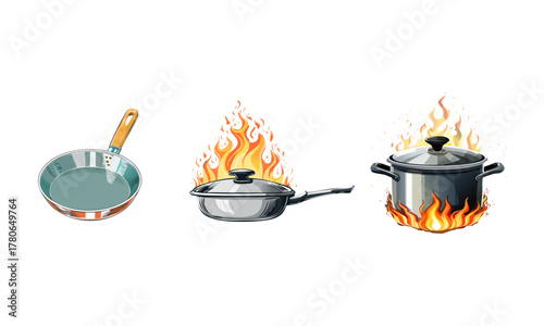 Illustration features cookware a skillet, a pan on fire, and a pot also ablaze