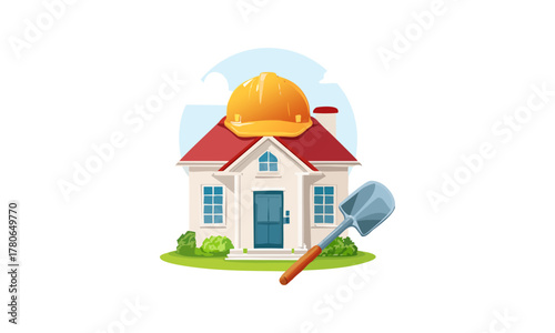 Cartoon illustration of a house with a construction helmet and shovel