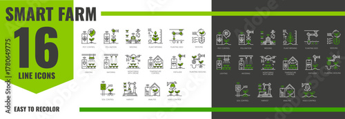 Smart robot farm agriculture technology line icons featuring concepts like pest control, pollination, weeding and plant ripening. Planting seed, seedling, lighting, watering and monitoring with drone