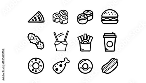 Line art icons of common fast food items, pizza, sushi, burgers, and drinks