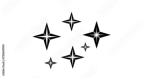 A monochrome graphic set of various sized sparkling stars, a clean and simple vector icon symbolizing purity, quality, and magical twinkling effects