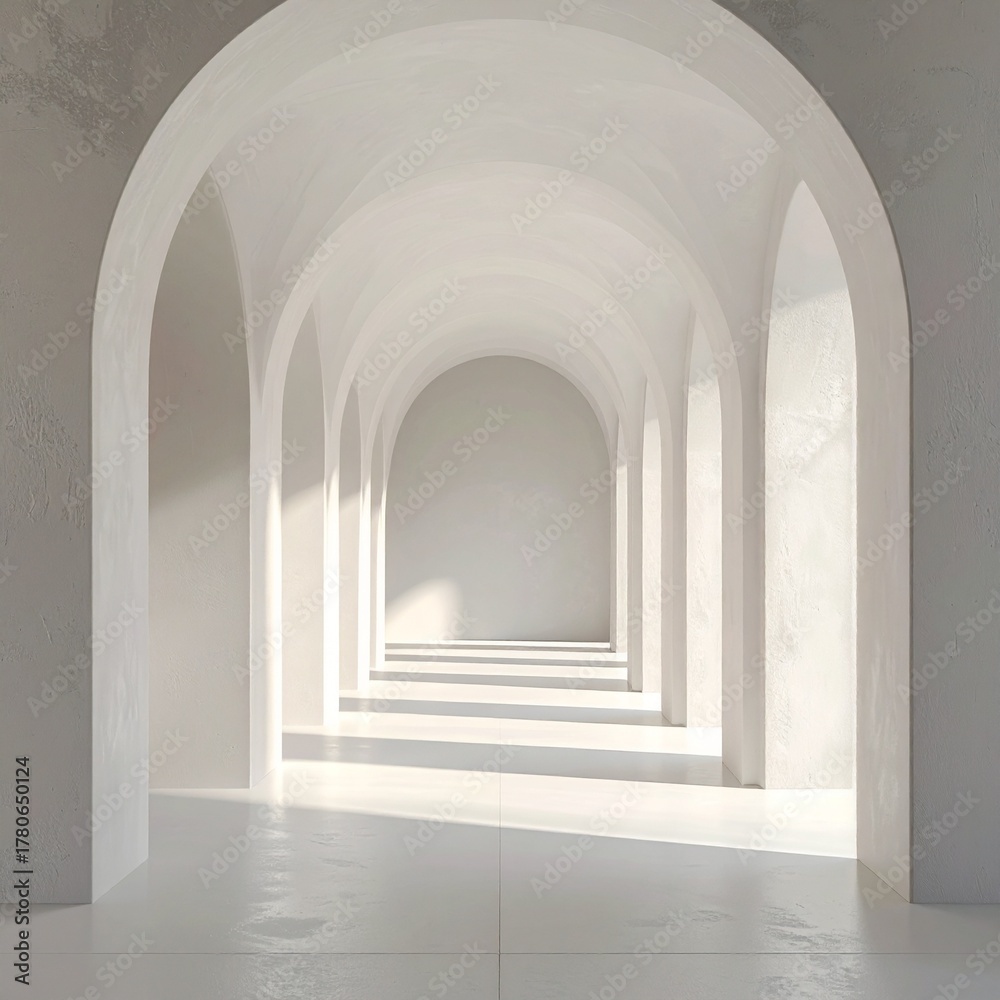 Fototapeta premium A long hallway with repeating white arched doorways