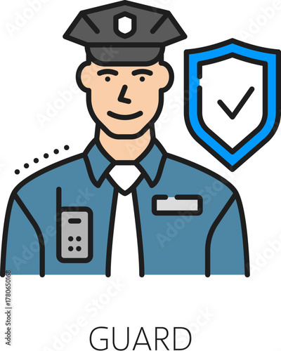 Home security guard color line icon or symbol. House protection company lineart vector icon, home security system outline sign. Property guarding service pictogram with policeman or guard character