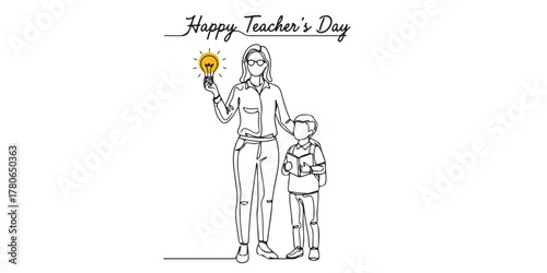 Minimal one-line art of a teacher holding a glowing light bulb beside a student with a book, celebrating “Happy Teacher’s Day.” Symbol of education, knowledge, greeting cards, educational materials.