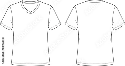 Vector illustration of t‑shirt technical flat sketch, front and back view clothing design template, fashion garment construction drawing with V‑neck and crew neck styles
