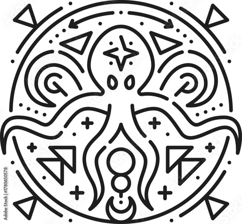 Pirate kraken octopus monster esoteric line symbol. Buccaneer nautical magic vector symbol, corsair tattoo, tarot sign. Filibuster pirate marine esoteric print with sea or ocean underwater animal