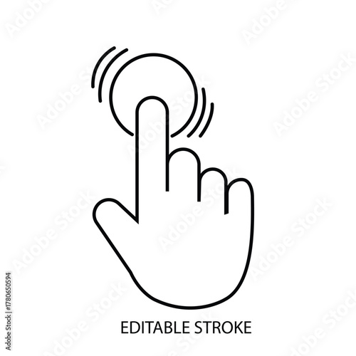 Editable Stroke Vector Line Icon of Finger Tapping or Touching Screen, Hand Cursor for Click or Press Button Action, User Interface Design Element