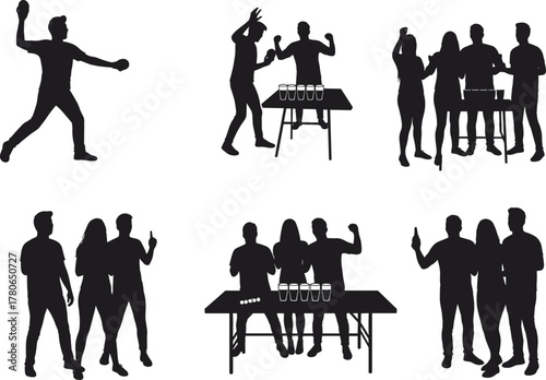 Black silhouettes of people playing beer pong, party drinking game celebration with cups, social interaction and festive vector illustration design
