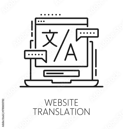 English language website translation line icon or pictogram. Language vocabulary lineart vector icon, english translation online service symbol. Foreign speech dictionary pictogram with laptop screen